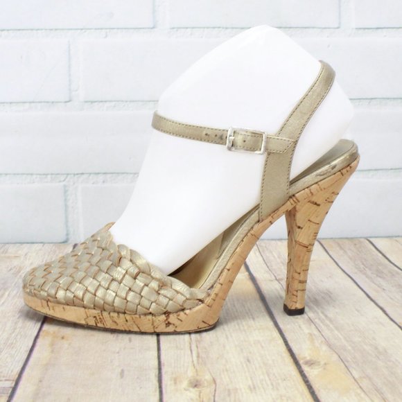 Michael Kors Shoes - Michael Kors Gianna Gold Woven Leather Heeled Ankle Strap Cork Sandals Size 7.5